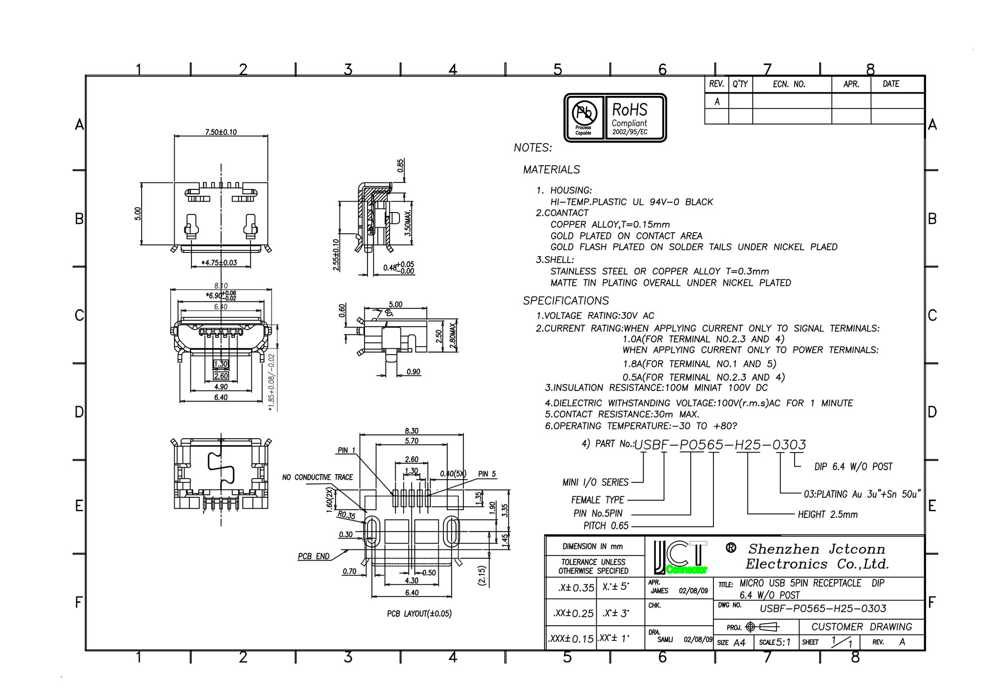 USBF-P0565-H25-0303全铜USBF母座四脚贴片安卓usb充电连接器
